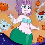  1girl belly blue_eyes blush breasts cala_maria_(cuphead) cuphead_(game) curvy game ghost grin highres hips looking_at_viewer mermaid monster_girl navel octopus open_mouth pinup plump puffer_fish purple_hair simple_background small_breasts smile teeth tentacle_hair warren_blakely wide_hips 