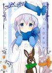  1girl angora_rabbit animal animal_on_head anko_(gochiusa) blue_eyes blue_gloves blue_scarf blush bunny_on_head closed_mouth commentary_request crescent crown eyebrows_visible_through_hair flower fur_hat gloves gochuumon_wa_usagi_desu_ka? green_scarf hair_ornament hairclip hat highres kafuu_chino light_blue_hair long_hair long_sleeves looking_at_viewer mini_crown mittens on_head orange_scarf rabbit ryoutan scarf sidelocks smile striped tippy_(gochiusa) twintails upper_body vertical-striped_background vertical_stripes white_coat white_flower white_hat wild_geese x_hair_ornament 