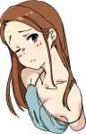  1girl bare_shoulders blush breasts brown_eyes brown_hair idolmaster long_hair looking_at_viewer minase_iori momo_no_suidou-sui simple_background small_breasts solo strap_slip white_background 