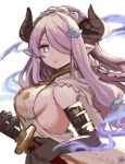  1girl aura blue_eyes botamochi_(exwelder) braid breasts demon_horns doraf elbow_gloves from_side gloves granblue_fantasy hair_ornament hair_over_one_eye hairclip hand_on_hilt horns lavender_hair long_hair looking_at_viewer narumeia_(granblue_fantasy) no_bra pointy_ears sheath sheathed side_braid sideboob sleeveless solo sword weapon 