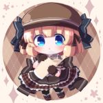  1girl black_dress black_ribbon blonde_hair blue_eyes blush chibi commentary_request dress frills gloves hair_ribbon hat highres looking_at_viewer original rensei ribbon solo 