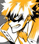 1boy bakugou_katsuki boku_no_hero_academia clenched_teeth close-up commentary_request evil_grin evil_smile grey_background grin highres looking_at_viewer male_focus monochrome simple_background smile solo teeth uniform westxost_(68monkey) yellow 