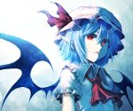  1girl deep_(deep4946) eyebrows hat highres lavender_hair looking_at_viewer mob_cap parted_lips pointy_ears red_eyes remilia_scarlet short_hair smile solo touhou upper_body wings 