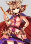  1girl bangs blush bracelet breasts brown_eyes brown_hair cape closed_mouth commentary_request cowboy_shot dated earmuffs jewelry looking_at_viewer medium_breasts pointy_hair purple_skirt ritual_baton sameya shirt skirt sleeveless sleeveless_shirt smile solo sword touhou toyosatomimi_no_miko weapon 