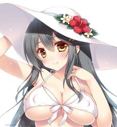  1girl bikini black_hair breasts brown_eyes cleavage flower front-tie_bikini hair_ornament hairclip hand_behind_head hand_in_hair haruna_(kantai_collection) hat hat_flower hibiscus kantai_collection large_breasts long_hair looking_at_viewer shigunyan simple_background smile solo sun_hat swimsuit twitter_username upper_body white_background white_bikini white_hat 