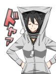  1girl black_hair closed_eyes grey_hoodie hand_on_hip headgear hood hoodie kantai_collection nagato_(kantai_collection) simple_background smug solo tag upper_body white_background 