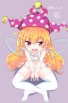  1girl 2016 artist_name bangs blonde_hair blush bra cat_cutout cat_lingerie cleavage_cutout clownpiece dated double_v fairy_wings hat heart heart-shaped_pupils highres jester_cap legs_crossed looking_at_viewer meme_attire navel open_mouth panties polka_dot red_eyes ryannari side-tie_panties simple_background sitting solo symbol-shaped_pupils thigh-highs touhou underwear v white_bra white_panties wings 