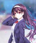  1girl blazer blurry cherry_blossoms closed_mouth collared_shirt depth_of_field from_side hairband jacket kasumigaoka_utaha long_hair open_blazer open_clothes open_jacket outdoors purple_hair red_eyes rko_(a470350510) saenai_heroine_no_sodatekata shirt smile solo very_long_hair white_shirt wing_collar 