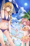  2boys 3girls absurdres beach_umbrella beach_volleyball berserker_of_black bikini black_bikini blue_sky braid breasts cleavage closed_mouth clouds cloudy_sky collarbone cowboy_shot crossdressinging day fang fate/apocrypha fate_(series) hair_ornament headdress highres horn jeffrey10 layered_bikini long_hair looking_at_viewer medium_breasts multiple_boys multiple_girls parted_lips red_bikini rider_of_black ruler_(fate/apocrypha) saber_of_black saber_of_red single_braid sky smile star star_hair_ornament sunlight swimsuit trap umbrella very_long_hair white_bikini 