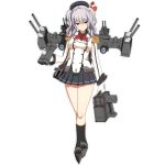  1girl 3d beret binoculars blush epaulettes frilled_sleeves frills full_body gloves hat highres kantai_collection kashima_(kantai_collection) legs_crossed long_hair machinery mikumikudance military military_uniform miniskirt official_art pleated_skirt ponpu-chou silver_hair skirt smile solo thighs twintails uniform watson_cross white_background white_gloves 