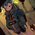  1girl andrea_cofrancesco backpack bag bike_shorts blue_hair blush_stickers braid cyberpunk dutch_angle fanny_pack hairpods hands_in_pockets high_collar jacket long_hair looking_at_viewer original product_placement red_eyes solo_focus twin_braids 
