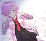  1girl black_legwear blush breasts deep_(deep4946) eyebrows fate/grand_order fate_(series) glasses hair_over_one_eye highres lavender_hair long_sleeves looking_at_viewer lying medium_breasts on_back open_mouth pantyhose red_neckwear shielder_(fate/grand_order) short_hair solo violet_eyes 