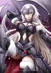  1girl absurdly_long_hair armor black_legwear blush breasts chizza cleavage eyebrows facebook_username fate/grand_order fate_(series) flag highres holding_flag jeanne_alter large_breasts long_hair looking_at_viewer navel parted_lips ruler_(fate/apocrypha) smile solo thigh-highs very_long_hair watermark web_address white_hair yellow_eyes 