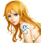  1girl blue_eyes blush chizza closed_mouth eyebrows highres long_hair looking_at_viewer nami_(one_piece) one_piece orange_hair smile solo tattoo upper_body 