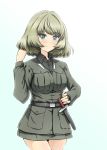  1girl alternate_costume anzio_military_uniform bangs belt black_belt black_shirt blue_eyes brown_hair closed_mouth cowboy_shot diesel-turbo dress_shirt eyebrows_visible_through_hair girls_und_panzer gradient gradient_background green_background green_eyes grey_jacket grey_skirt hand_on_hip hayami_saori heterochromia idolmaster idolmaster_cinderella_girls jacket knife long_sleeves looking_at_viewer medium_hair military military_uniform miniskirt mole mole_under_eye pencil_skirt playing_with_own_hair seiyuu_connection shirt skirt smile solo standing takagaki_kaede uniform 