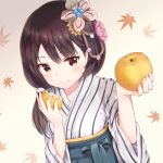  1girl black_hair brown_eyes dargo eating eyebrows_visible_through_hair food fruit hair_ornament hair_over_shoulder highres holding holding_fruit japanese_clothes leaf long_hair maple_leaf oshiro_project oshiro_project_re pear solo tottori_(oshiro_project) upper_body 