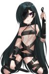  1girl bare_shoulders black_hair bodysuit fate/grand_order fate_(series) fishnet_bodysuit fishnets gluteal_fold hair_over_one_eye highres holding holding_weapon k_jin kneeling long_hair mochizuki_chiyome_(fate/grand_order) navel open_mouth solo very_long_hair violet_eyes weapon 