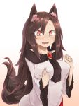  1girl animal_ears blush breasts brooch brown_background brown_hair commentary_request dress gradient gradient_background highres imaizumi_kagerou jewelry large_breasts long_hair long_sleeves red_eyes self_fondle solo tail touhou tyouseki upper_body white_background wide_sleeves wolf_ears wolf_tail 