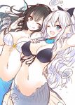  2girls arm_up armpits bikini black_hair blue_eyes breasts brown_eyes closed_eyes commentary cowboy_shot hair_ribbon highres long_hair looking_at_viewer matsunoki_(unknown_751) medium_breasts mermaid monster_girl multiple_girls navel o-ring o-ring_bikini o-ring_top one_eye_closed open_mouth original ribbon smile swimsuit tsurime white_hair 