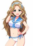  &gt;:d 1girl :d arm_up bare_arms bare_shoulders between_breasts bikini blue_neckwear blush bow breasts brown_hair commentary_request contrapposto gluteal_fold green_eyes hairband hand_in_hair hand_on_hip idolmaster idolmaster_million_live! long_hair looking_at_viewer medium_breasts momoda_yasuhito navel neckerchief nikaidou_chizuru open_mouth sailor_bikini sailor_collar sailor_swimsuit_(idolmaster) side-tie_bikini simple_background smile standing stomach striped striped_bow swimsuit tareme two-tone_hairband very_long_hair wavy_hair white_background white_bikini 