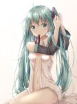  1girl adjusting_hair ahoge akira_(been0328) aqua_eyes aqua_hair detached_sleeves hatsune_miku long_hair mouth_hold navel open_clothes open_shirt shirt sitting solo twintails very_long_hair vocaloid 