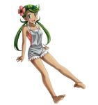  1girl bangs barefoot dark_skin feet flower full_body green_eyes green_hair hair_flower hair_ornament highres long_hair looking_at_viewer mallow_(pokemon) open_mouth pokemon pokemon_(game) pokemon_sm simple_background smile soles solo tamamon toes trial_captain twintails white_background 