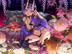  1girl alcohol ankle_ribbon barefoot_sandals blush breasts cup fangs fate/grand_order fate_(series) flower food fruit gourd grapes headpiece japanese_clothes kimono looking_at_viewer mizore_syrup navel oni_horns open_clothes open_kimono parted_lips purple_hair revealing_clothes ribbon sakazuki sake short_eyebrows short_hair shuten_douji_(fate/grand_order) small_breasts smile solo stomach violet_eyes 