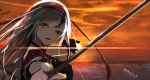  1girl 2017 absurdres artist_name backlighting bangs black_gloves blurry bow_(weapon) dated depth_of_field dusk eyebrows facing_away gloves hair_between_eyes hairband haori highres holding holding_bow_(weapon) holding_weapon index_finger_raised isaka_wasabi japanese_clothes kantai_collection long_hair looking_at_viewer muneate ocean open_mouth orange_sky outdoors partly_fingerless_gloves red_hairband shoukaku_(kantai_collection) silver_hair single_glove sketch sky solo sun sunset upper_body water weapon yellow_eyes yugake 