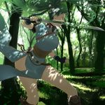  1girl black_gloves boots breasts dress fingerless_gloves fire_emblem fire_emblem:_rekka_no_ken forest gloves green_hair katana knee_boots korikorikori long_hair lyndis_(fire_emblem) medium_breasts nature pelvic_curtain ponytail profile sash solo sword thighs tree weapon 