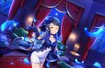  1girl alternate_costume artist_request black_eyes blue_feathers blue_gloves blue_hair book candle crescent_moon cup earrings flower gloves hair_flower hair_ornament idolmaster idolmaster_cinderella_girls idolmaster_cinderella_girls_starlight_stage jewelry moon official_art one_eye_closed solo wakui_rumi 