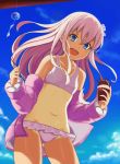  1girl bikini blue_eyes blue_sky clouds cowboy_shot food frilled_bikini frills hair_ribbon ice_cream jacket kantai_collection leaning_forward long_hair looking_at_viewer one-piece_tan open_clothes pink_hair pink_jacket pooor ribbon ro-500_(kantai_collection) sky solo swimsuit tan tanline white_bikini wind_chime 