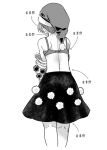  1girl bra directional_arrow doremy_sweet from_behind greyscale hat monochrome nightcap pom_pom_(clothes) short_hair simple_background skirt solo standing touhou translation_request underwear urin white_background 