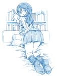  1girl all_fours ass bbb_(friskuser) bookshelf cover cover_page from_behind girls_und_panzer greyscale headboard keizoku_school_uniform kneeling long_hair long_sleeves looking_at_viewer looking_back mika_(girls_und_panzer) monochrome no_hat no_headwear on_bed panties pantyshot pantyshot_(kneeling) pillow pleated_skirt revision skirt smile socks solo sweater underwear 