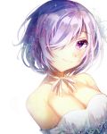  1girl bare_shoulders blush breasts cleavage closed_mouth deep_(deep4946) dress eyebrows_visible_through_hair fate/grand_order fate_(series) hair_over_one_eye highres looking_at_viewer medium_breasts purple_hair shielder_(fate/grand_order) short_hair smile solo upper_body violet_eyes white_dress 