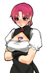  1boy 1girl bazett_fraga_mcremitz between_breasts black_gloves blush breasts chibi china_dress chinese_clothes cleavage cleavage_cutout closed_mouth crossed_arms dress embarrassed fate/hollow_ataraxia fate_(series) gloves lancer medium_breasts mole mole_under_eye puffy_short_sleeves puffy_sleeves red_eyes redhead short_hair short_sleeves simple_background standing white_background 