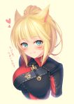  1girl animal_ears blonde_hair cat_ears facial_mark final_fantasy final_fantasy_xiv green_eyes heart highres looking_at_viewer miqo&#039;te short_hair short_ponytail simple_background smile solo tiphereth upper_body 