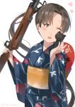  1girl ;d ayanami_(kantai_collection) brown_hair fan heart holding holding_weapon japanese_clothes juurouta kantai_collection kimono long_hair one_eye_closed open_mouth paper_fan side_ponytail simple_background smile solo uchiwa weapon white_background yukata 