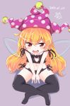  1girl 2016 artist_name bangs black_bra black_panties blonde_hair blush bra cat_cutout cat_lingerie cleavage_cutout clownpiece dated double_v fairy_wings hat heart heart-shaped_pupils highres jester_cap legs_crossed looking_at_viewer meme_attire navel open_mouth panties polka_dot red_eyes ryannari side-tie_panties simple_background sitting solo symbol-shaped_pupils thigh-highs touhou underwear v wings 