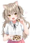  1girl :d animal_ears anz32 bangs black_ribbon blush brown_hair cat_ears cat_girl cat_tail checkerboard_cookie collared_shirt commentary_request cookie eyebrows_visible_through_hair fang food hair_between_eyes hair_ribbon hand_up heart holding holding_food holding_plate lace_trim long_hair looking_at_viewer neck_ribbon open_mouth original pink_skirt plate pleated_skirt puffy_short_sleeves puffy_sleeves ribbon shirt short_sleeves simple_background skirt smile solo tail twitter_username two_side_up very_long_hair white_background white_shirt yellow_eyes 