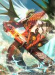  armor blue_sky commentary_request destruction duel_masters fiery_sword fire horns lack monster no_humans official_art sheath shield sky spread_wings steam sword unsheathing watermark weapon wings 