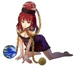  1girl all_fours bare_shoulders barefoot black_shirt breasts chains cleavage clothes_writing collar earth_(ornament) gold_chain hat hecatia_lapislazuli long_hair medium_breasts moon_(ornament) off-shoulder_shirt open_mouth parted_lips polos_crown red_eyes redhead shirt skirt smile solo touhou urin 