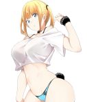  1girl blonde_hair blue_eyes blue_panties breasts bunny_tail collar cowboy_shot crop_top eyebrows_visible_through_hair highres large_breasts manabebebe midriff navel off-shoulder_shirt original panties parted_lips shirt short_twintails simple_background solo tail twintails underwear white_background wide-eyed wrist_cuffs 