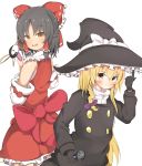  2girls absurdres akabeco black_gloves black_hair black_hat blonde_hair blush bow braid brown_eyes closed_mouth cookie_(touhou) detached_sleeves eyebrows_visible_through_hair gloves hair_bow hair_tubes hakurei_reimu hat highres holding holding_microphone kirisame_marisa long_sleeves looking_at_viewer microphone multiple_girls open_mouth purple_bow red_bow rei_(cookie) sananana smile touhou witch_hat 