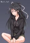  1girl alternate_costume anti_(untea9) black_background black_hair black_hoodie blue_eyes commentary green_shorts hair_ribbon highres hood hoodie kantai_collection katsuragi_(kantai_collection) legs_crossed long_hair open_mouth ponytail ribbon shorts simple_background sitting sleepy solo twitter_username 