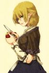  1girl apple arm_warmers blonde_hair blue_skirt breasts brown_shirt food from_side fruit green_eyes half_updo holding holding_fruit knife medium_breasts mizuhashi_parsee pointy_ears sash scarf shirt simple_background skirt solo touhou upper_body urin white_scarf 