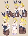  1girl animal_ears ass ayase_eli bare_shoulders beige_background bent_over black_footwear black_legwear black_leotard black_neckwear blonde_hair blue_eyes blush bow bowtie breast_hold breasts bunnysuit cleavage cropped_legs detached_collar elbow_gloves fake_animal_ears from_behind gloves highleg highleg_leotard highres kurokawa_makoto large_breasts leaning_forward leotard long_hair looking_at_viewer love_live! love_live!_school_idol_project multiple_views one_eye_closed open_mouth pantyhose rabbit_ears shiny shiny_clothes shoes simple_background sitting smile thigh-highs thigh_gap white_gloves white_legwear white_leotard 