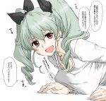  1girl alternate_costume anchovy black_ribbon bra bra_peek drill_hair elf_(stroll_in_the_woods) eyebrows_visible_through_hair girls_und_panzer green_hair hair_between_eyes hair_ribbon looking_at_viewer lying on_stomach red_eyes ribbon smile solo sweat translation_request twin_drills twintails underwear 