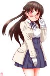  1girl adjusting_eyewear alternate_costume black_hair brown_eyes casual choukai_(kantai_collection) coat commentary_request contemporary glasses gloves highres kanon_(kurogane_knights) kantai_collection long_hair looking_at_viewer pleated_skirt sketch skirt smile solo white_gloves 