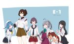  6+girls achii_adachi ahoge arashio_(kantai_collection) asashimo_(kantai_collection) black_hair blazer blue_background blue_eyes blue_hair brown_eyes brown_hair brown_skirt closed_eyes cowboy_shot dress hair_over_one_eye hat highres ise_(kantai_collection) jacket kantai_collection libeccio_(kantai_collection) long_hair multiple_girls pinafore_dress pleated_skirt purple_hair red_skirt sailor_dress sailor_hat sakawa_(kantai_collection) school_uniform short_hair silver_hair skirt sleeves_rolled_up standing urakaze_(kantai_collection) 