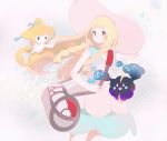  bag bangs blonde_hair blunt_bangs braid collared_dress cosmog dress duffel_bag green_eyes hand_on_headwear hat highres jirachi lillie_(pokemon) long_hair poke_ball_theme pokemon pokemon_(game) pokemon_sm shakemi_(sake_mgmgmg) sleeveless sleeveless_dress sun_hat sundress surprised twin_braids white_dress white_hat 